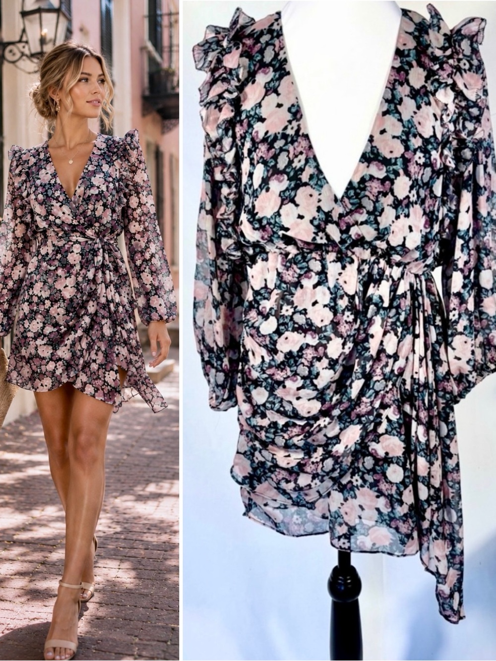 💥Saylor Mychal Floral Mini Dress Ruffle Shoulder Draped Hem Waist Sash Size S🧡